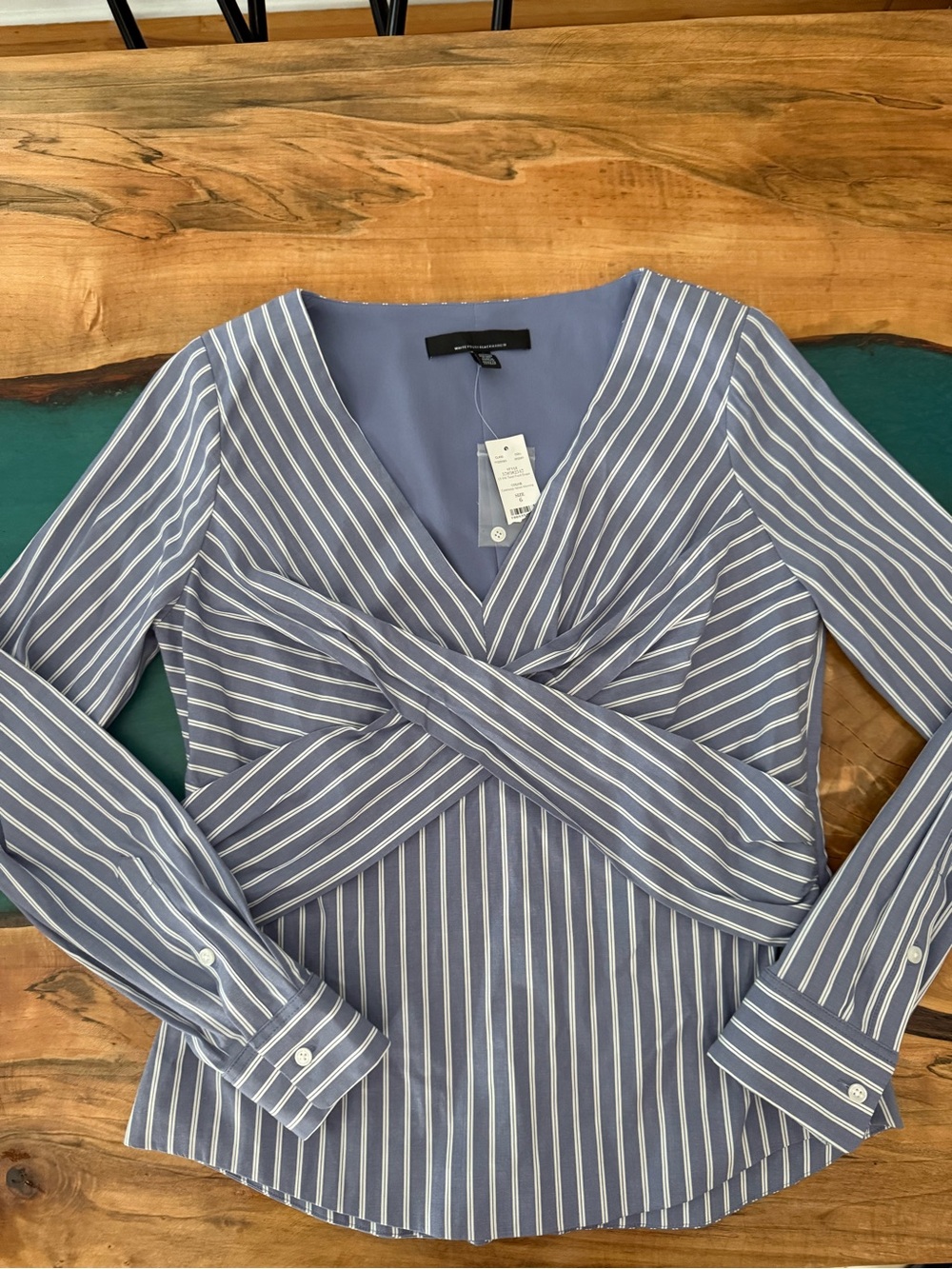 White House Black Market Blue and White Striped Twist-Front Tailored Blouse - Picture 4 of 4